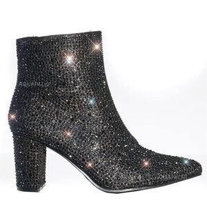 Women Rhinestone Block Chunky Heel Ankle Bootie